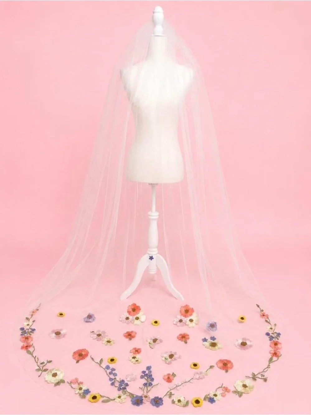Bridal Cathedral Veil with Hand-Appliquéd Floral Accents - White